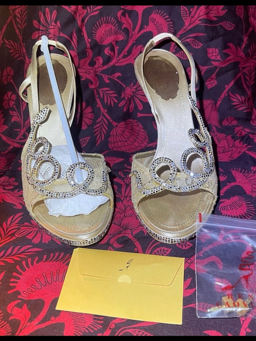 Gold Embellished Slingback Sandals with Crystal Accents - Picture 2 of 12